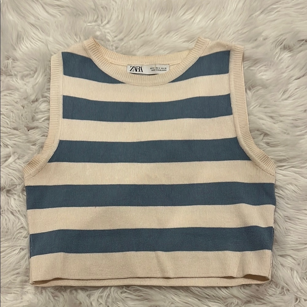 Zara Cream and Blue Striped Sleeveless Top